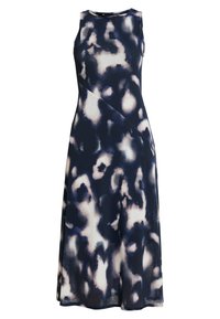 Abito senza maniche di colore blu navy con un leggero motivo astratto, caratterizzato da un corsetto aderente e una gonna a campana, realizzato in tessuto morbido e leggero.