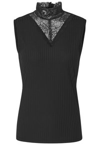 Top sans manches noir avec un haut col en dentelle, présentant une texture côtelée et un panneau en dentelle en forme de V au niveau du col.