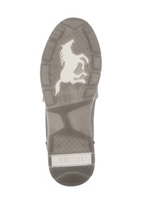 Grau gummi Sohlen mit einer strukturierten Oberfläche, die ein galoppierendes Pferdelogo und "MUSTANG"-Markierung aufweist. Das Design umfasst kreisförmige und rautenförmige Muster.