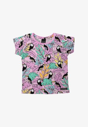 Short-sleeve pink T-shirt with a toucan and tropical leaf print, made from soft fabric, featuring a round neckline and relaxed fit.