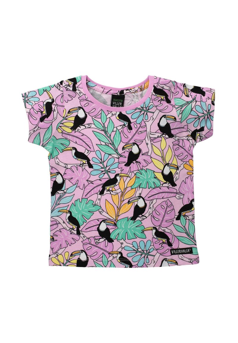 T-shirt rose à manches courtes avec un imprimé de toucan et de feuilles tropicales, fabriqué en tissu doux, avec un col rond et une coupe décontractée.