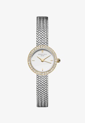 Orologio in rete argentata con quadrante rotondo bianco, lunetta dorata decorata con cristalli e lancette dorate. Marca: Rosefield.