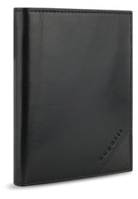 Black leather wallet featuring a smooth texture, subtle stitching, and a patterned accent on one corner with "bugatti" embossed.
