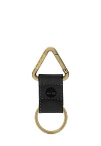 Portachiavi in pelle nera con gancio a moschettone in bronzo, anello di metallo circolare e logo impresso. Presenta cuciture bianche a contrasto e una texture liscia.