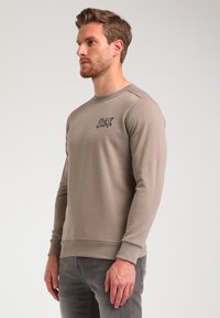 Light brown long-sleeve sweatshirt with a round neck, featuring a subtle graphic detail on the chest and ribbed cuffs and hem.