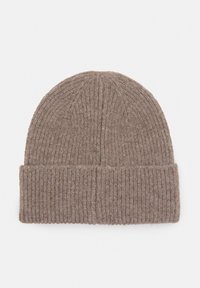 Knit beanie in soft, brown wool with a ribbed texture and folded cuff, featuring a simple, unembellished design.