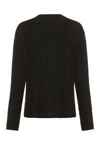 Maglione nero lavorato a maglia con una vestibilità comoda, maniche lunghe e scollo rotondo. La texture sembra morbida e leggermente spessa.