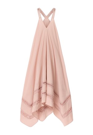 Lichtroze mouwloze jurk met V-hals, gekruiste bandjes aan de achterkant en decoratieve horizontale uitgesneden kant bij de asymmetrische zoom.