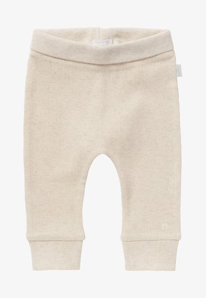 Beżowe klasyczne spodnie z miękkiego materiału, z szerokim paskiem i elastycznymi mankietami przy kostkach. Subtelny detal logo na nodze.