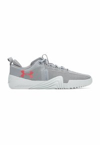 Gray athletic shoes made of mesh and synthetic materials. Features a textured upper, rounded toe, and a white rubber sole. Red logo accent.