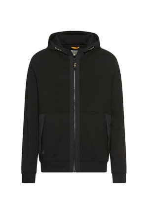 Black zip-up hooded jacket with textured upper chest, front pockets, and drawstrings on the hood, displayed on a white background.