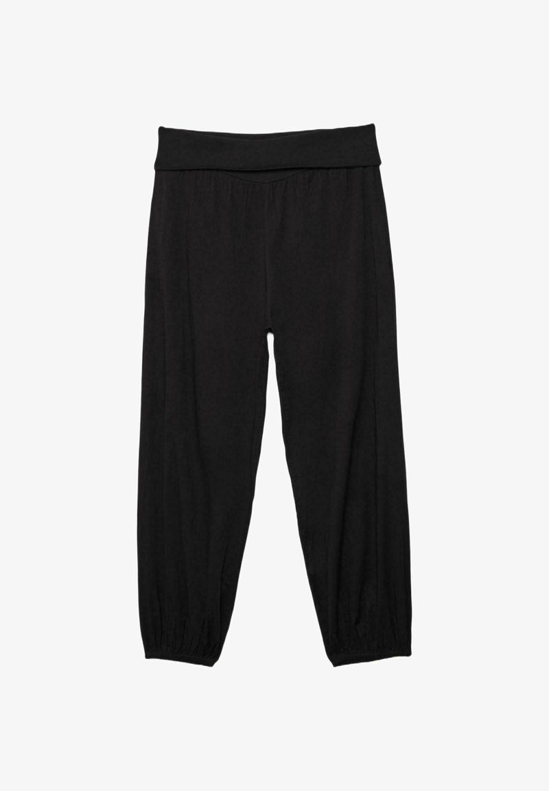 Pantalon noir ample avec une large ceinture et des poignets élastiqués, confectionné dans un tissu doux et léger.