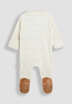 Body cu dungi pentru bebeluși, în nuanțe de bej și roz deschis, cu mâneci lungi, decolteu rotund și accente moi maro pe tălpi.