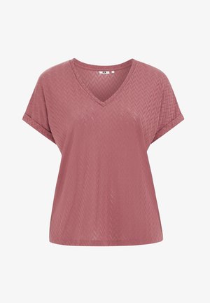 Top de mangas cortas y cuello en V, hecho de una tela texturada de color rosa claro con un patrón de espiga. Corte holgado con mangas enrolladas.
