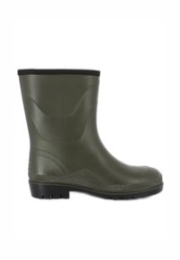 Olijf groene rubberen enkelboot met een gestructureerde zwarte zool, ronde teen en een gladde afwerking, voorzien van een gevoerde zwarte rand aan de bovenkant.