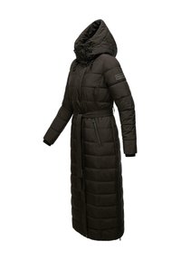 Manteau noir long en duvet avec capuche, design matelassé, taille ceinturée et poches zippées. Fabriqué à partir d'un matériau léger et isolant.