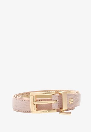Belt texturé rose avec une boucle rectangulaire en ton doré et un accent. Présente un détail de logo sur la boucle, doublure intérieure lisse.