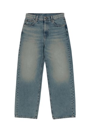 Hellblaue Jeans mit hoher Taille, verwaschenem Look, weitem Bein, fünf Taschen und Metallknopfverschluss. Aus Baumwoll-Denimstoff.