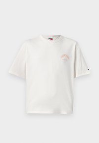 White cotton t-shirt with short sleeves, crew neck, and a small orange text logo on the front. Features a branded tag on the neckline.