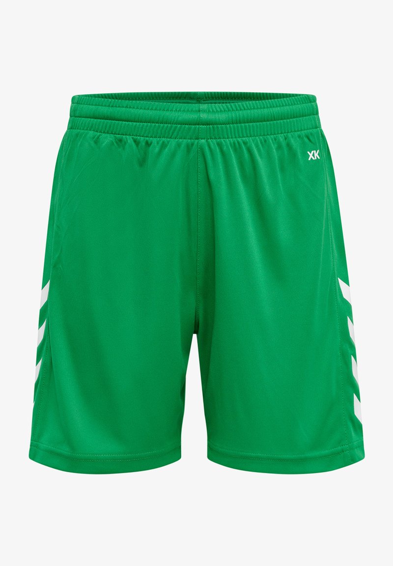 Pantalones cortos deportivos verdes con cintura elástica, con franjas diagonales blancas a los lados y una textura de tela suave y ligera.