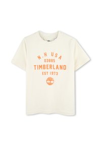 Krémové bavlněné tričko s oranžovým potiskem textu a loga. Krátké rukávy, kulatý výstřih, rovný lem, ležérní design.