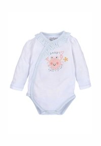 Wit longsleeve rompertje met lichtblauwe accenten en een gerimpelde kraag. Kenmerkt zich door een kreeftafbeelding, hartjes en bloementhema. Drukknopen aan de onderkant.