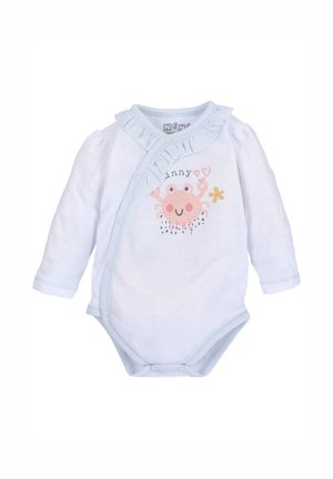 Wit longsleeve rompertje met lichtblauwe accenten en een gerimpelde kraag. Kenmerkt zich door een kreeftafbeelding, hartjes en bloementhema. Drukknopen aan de onderkant.