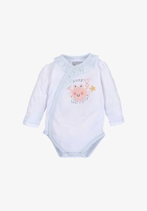 Biały body z długim rękawem, z jasnoniebieskimi akcentami i falbanką przy kołnierzyku. Zawiera grafikę kraba, serca i wzór kwiatowy. Zapięcie na napy na dole.