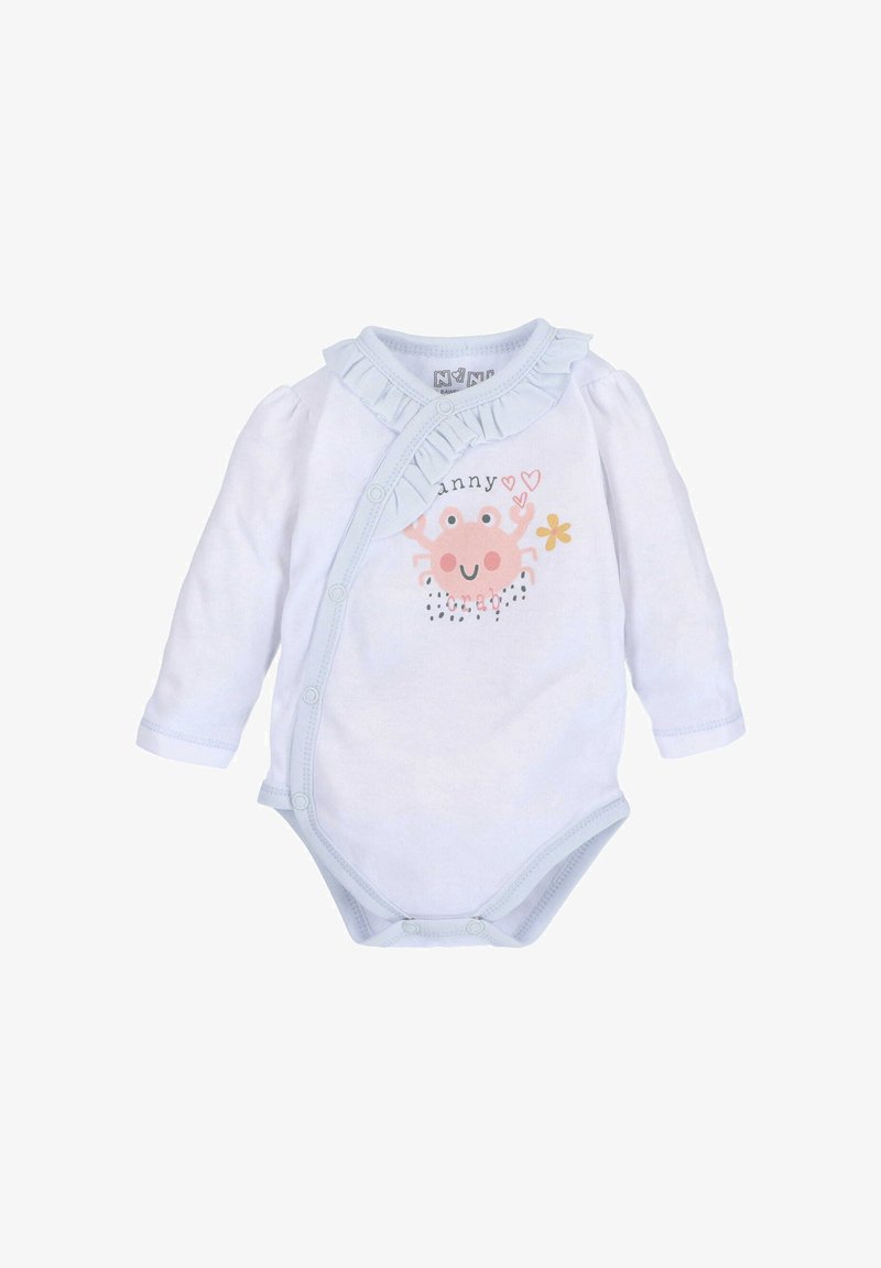 Langærmet hvid sparkebuks med lyseblå accenter og flæsekant. Har et krabbe-grafik, hjerter og blomsterprint. Trykknaplukning i bunden.