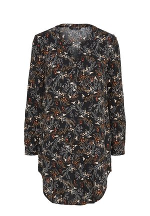 Sort langærmet bluse med knapper foran og blomstermønster i hvide, orange og brune toner.