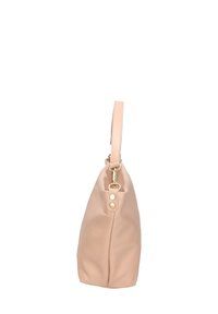 Borsa a tracolla in pelle rosa chiaro con una sola maniglia superiore, accessori in stile oro e una silhouette morbida e floscia. Vista laterale, senza motivo visibile.