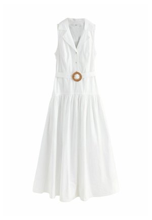 Biele midi šaty bez rukávov s golierom s klopami, zapínanie na gombíky vpredu, nariasenou sukňou a zodpovedajúcim opaskom s okrúhlou tkanou sponou.