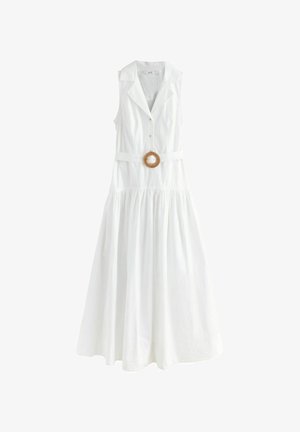 Ärmelloses weißes Midikleid mit Reverskragen, Knopfleiste vorne, gerafftem Rock und passendem Gürtel mit rundem, gewebtem Schnallenverschluss.