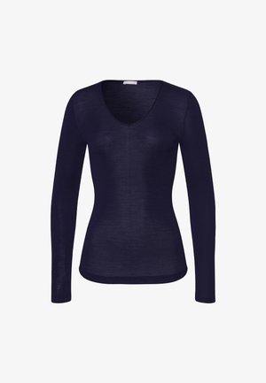 Langærmet, dyb marineblå V-hals top lavet af let, glat stof. Har en tætsiddende design og blød tekstur, ingen synlige mønstre eller accenter.