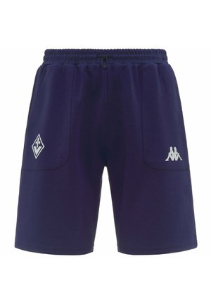 Pantaloncini sportivi blu navy con vita elasticizzata, coulisse, due tasche frontali e loghi bianchi su ogni coscia.