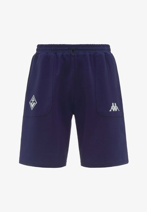 Shorts de sport bleu marine avec taille élastique, cordon, deux poches avant et logos blancs sur chaque cuisse.