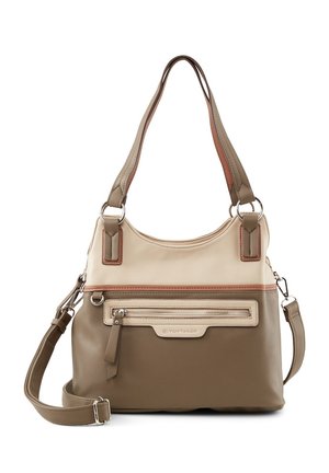 Tonet beige og taupe skuldertaske med lynlåslomme foran, dobbelte håndtag og justerbar crossbody-strop, lavet af tekstureret materiale.