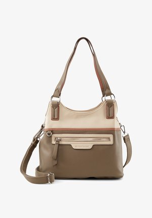Tonet beige og taupe skuldertaske med lynlåslomme foran, dobbelte håndtag og justerbar crossbody-strop, lavet af tekstureret materiale.