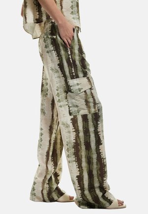 Pantaloni a gamba larga in tessuto leggero e dai motivi, con strisce verticali verdi e marroni. Include una tasca laterale e una vestibilità comoda.