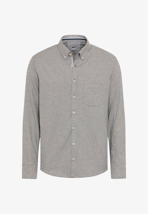 Grau kariertes Hemd mit Knopfleiste, langen Ärmeln, einer einzelnen Brusttasche und klassischem Kragen. Weicher, strukturierteter Stoff.