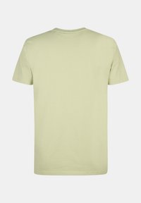 Kurzarm-T-Shirt aus hellgrünem Baumwollmaterial, mit Rundhalsausschnitt und subtiler Textur, in einfarbigem und minimalistischem Design.