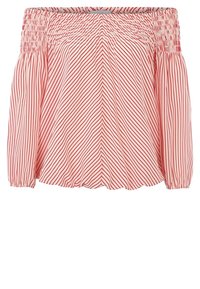 Czerwono-biała bluzka bez ramiączek w paski z marszczonym dekoltem i długimi rękawami, charakteryzująca się luźnym krojem oraz miękkim, lekkim materiałem.