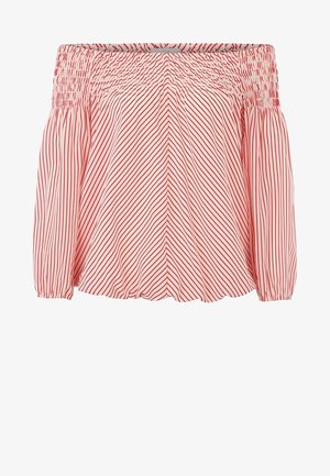 Punainen ja valkoinen raidallinen olkaimeton paita, jossa on smock-kaula-aukko ja pitkät hihat. Paita on väljää mitoitusta ja valmistettu pehmeästä, kevyestä kankaasta.