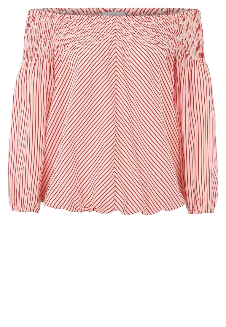 Czerwono-biała bluzka bez ramiączek w paski z marszczonym dekoltem i długimi rękawami, charakteryzująca się luźnym krojem oraz miękkim, lekkim materiałem.