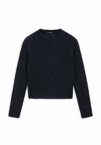 Pull court noir à manches longues, en tissu maille doux et texturé, col ras-du-cou et finition bouclée.