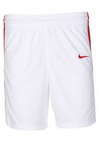 Witte sportieve shorts van lichtgewicht stof met rode zijaccenten. Bevat een elastische tailleband en een klein rood Nike-logo aan de voorkant.