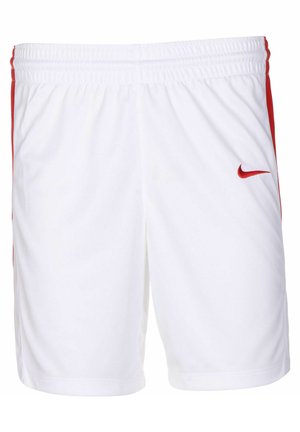 Weiße Sportshorts aus leichtem Material mit roten Seitenakzenten. Sie verfügen über einen elastischen Bund und ein kleines rotes Nike-Logo auf der Vorderseite.