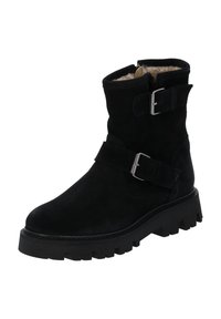 Sorte nubuck ankelstøvler med to justerbare spænder, et blødt indre og en kraftig gummisål med dybe riller.