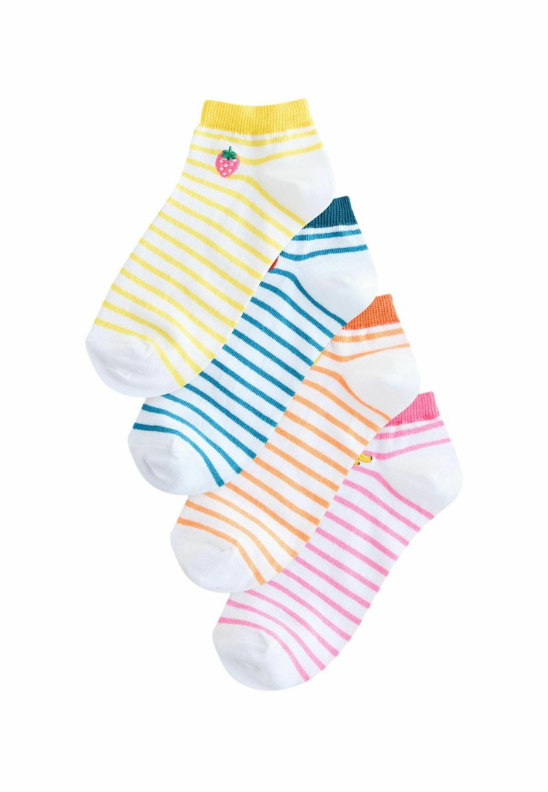 Set aus vier Knöchelsocken mit weißem Stoff und farbenfrohen Streifen. Die Farben umfassen Gelb, Blau, Orange und Pink. Eine Socke hat ein Erdbeerdesign.