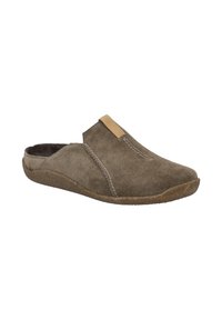 Hnědé semišové slip-on boty s měkkou stélkou, kulatou špičkou a texturovanou gumovou podrážkou; mají minimální kožený akcent na svršku.